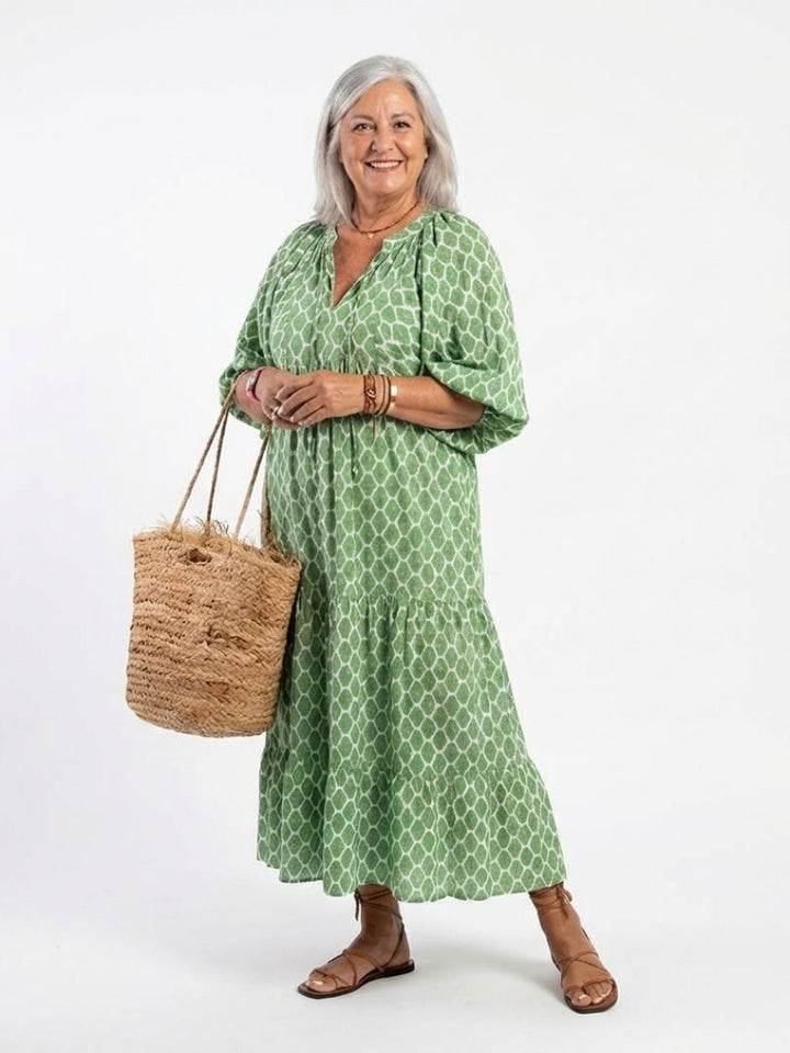 Selina™ | Gemêleerde midi-jurk met V-hals