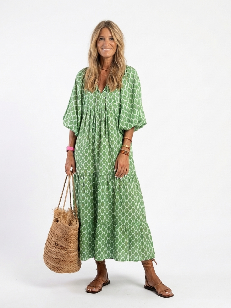 Selina™ | Gemêleerde midi-jurk met V-hals