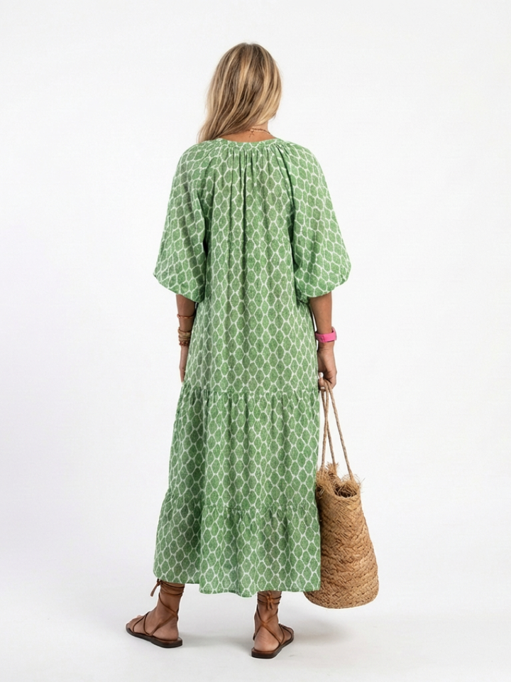 Selina™ | Gemêleerde midi-jurk met V-hals