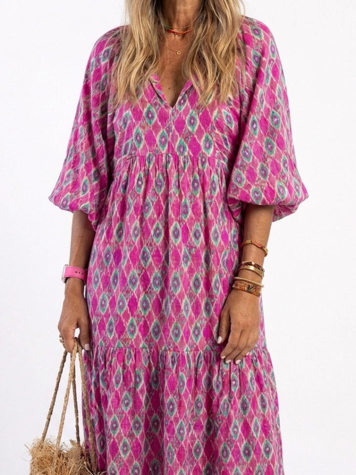 Selina™ | Gemêleerde midi-jurk met V-hals