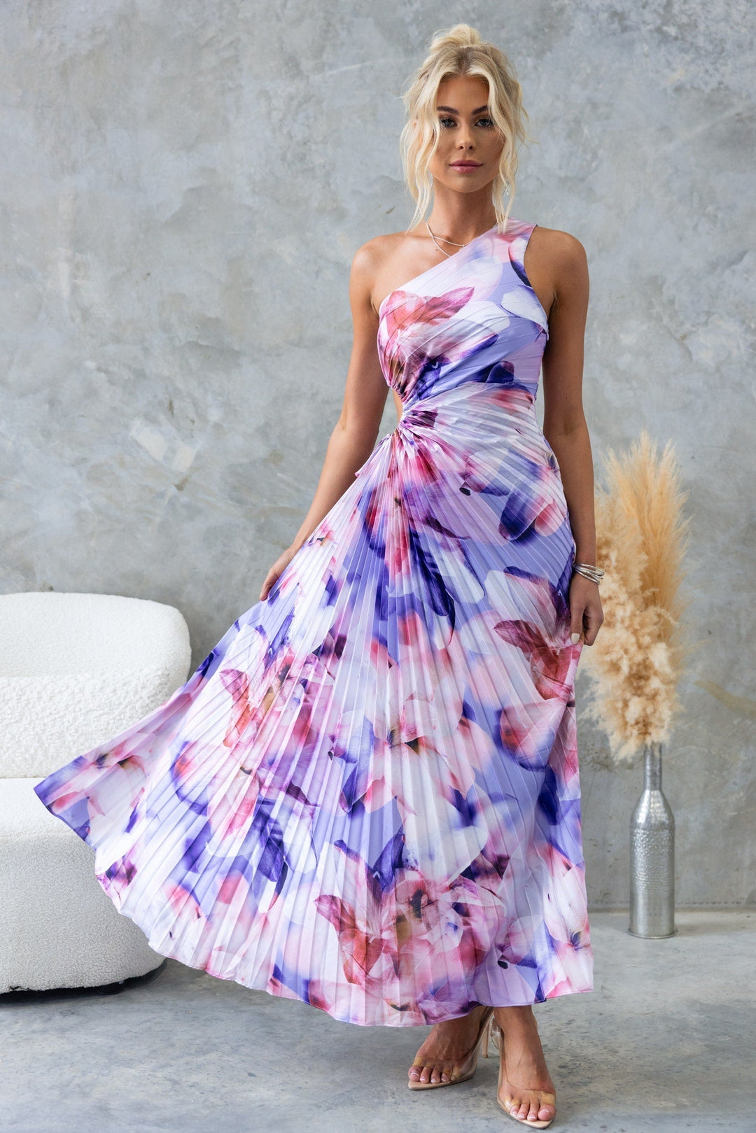 ELLA | One-Shoulder Plissé Midi-jurk